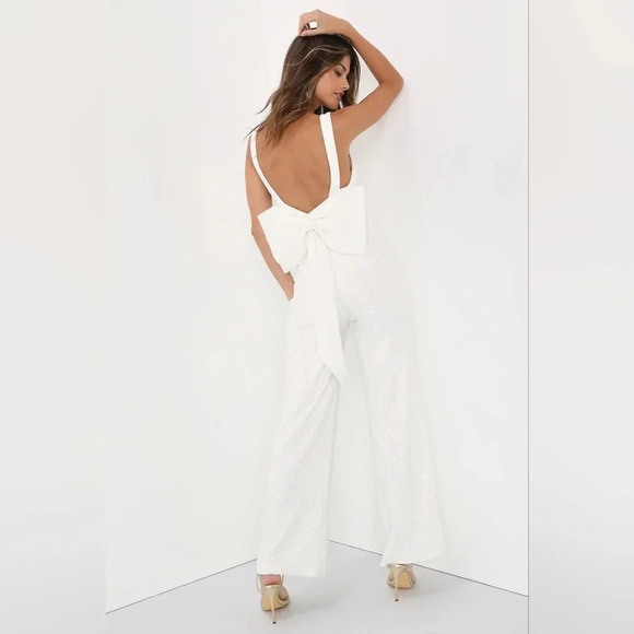 Lulu's Feeling Sparkly White Sequin Bow Wide-Leg Jumpsuit L Wedding Bridal Party - Picture 1 of 11